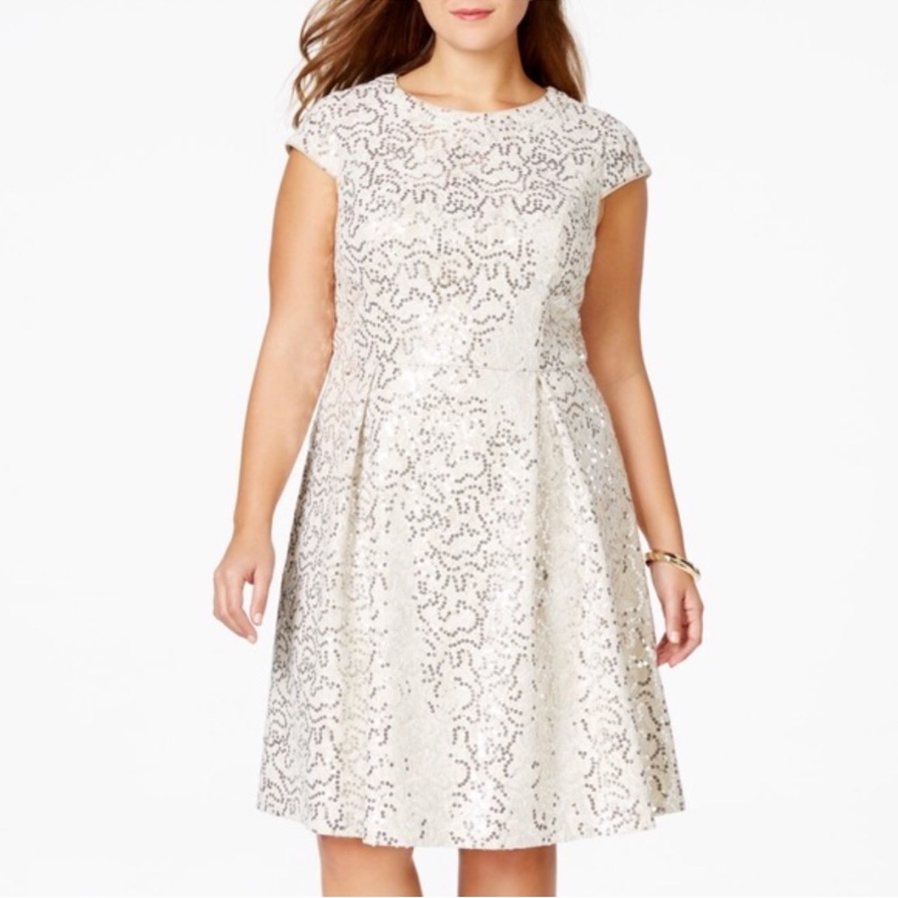 Calvin Klein Beige Sequined Lace Fit and Flare Dress Wedding Party Office 14‎